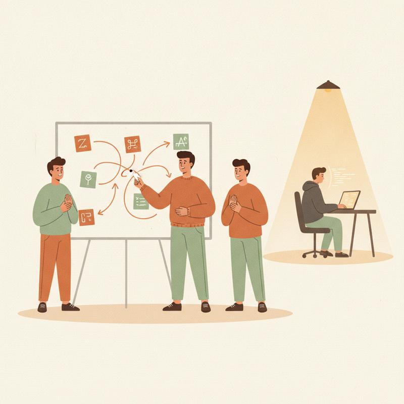 An engineer at a whiteboard connecting sticky notes and unblocking two colleagues, while a spotlight falls on a different developer typing alone at a laptop, warm editorial illustration