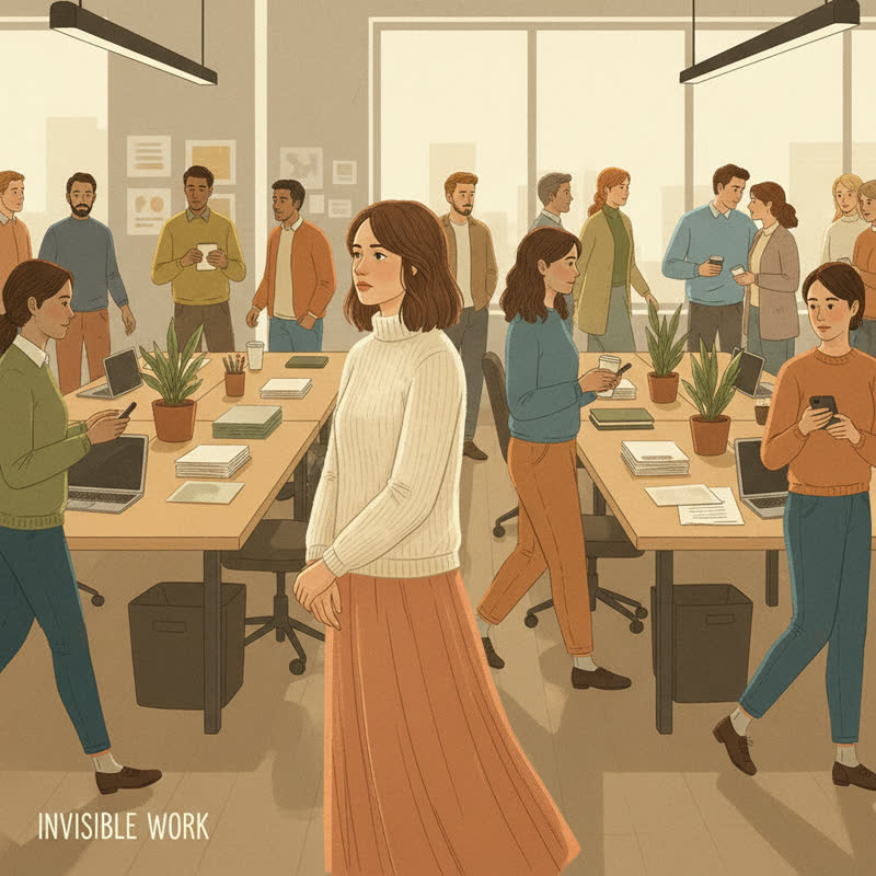A person fading into the background of a busy office while coworkers walk past without noticing