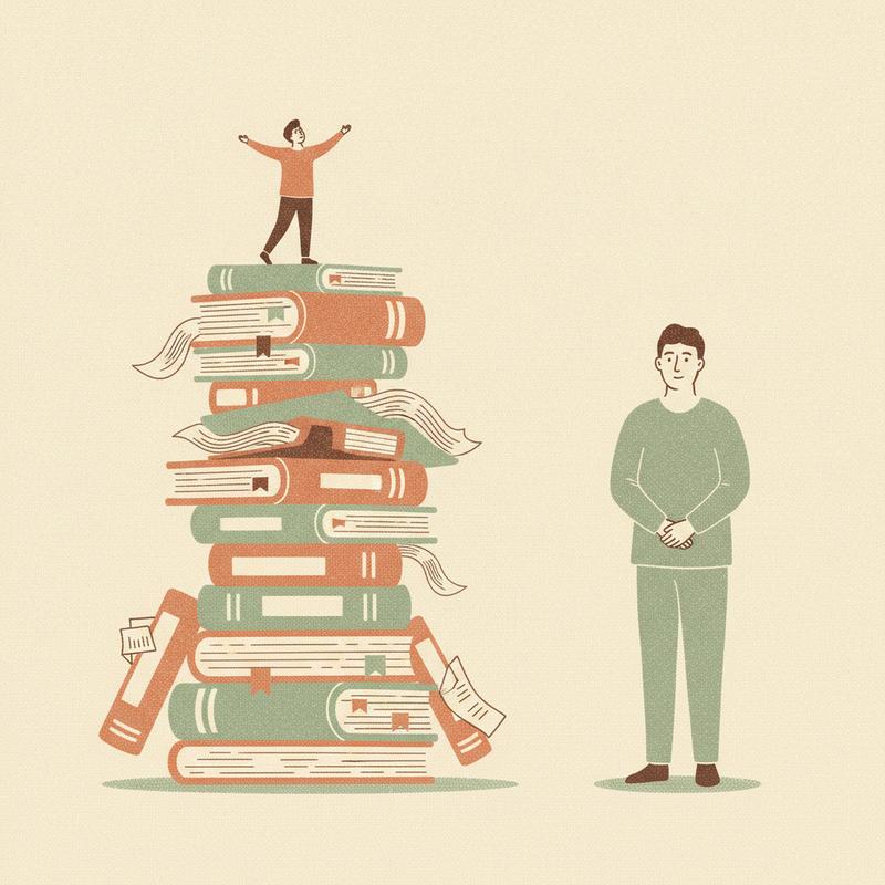 Illustration of a small figure standing on a wobbly stack of books to appear taller than a calm figure standing on the ground