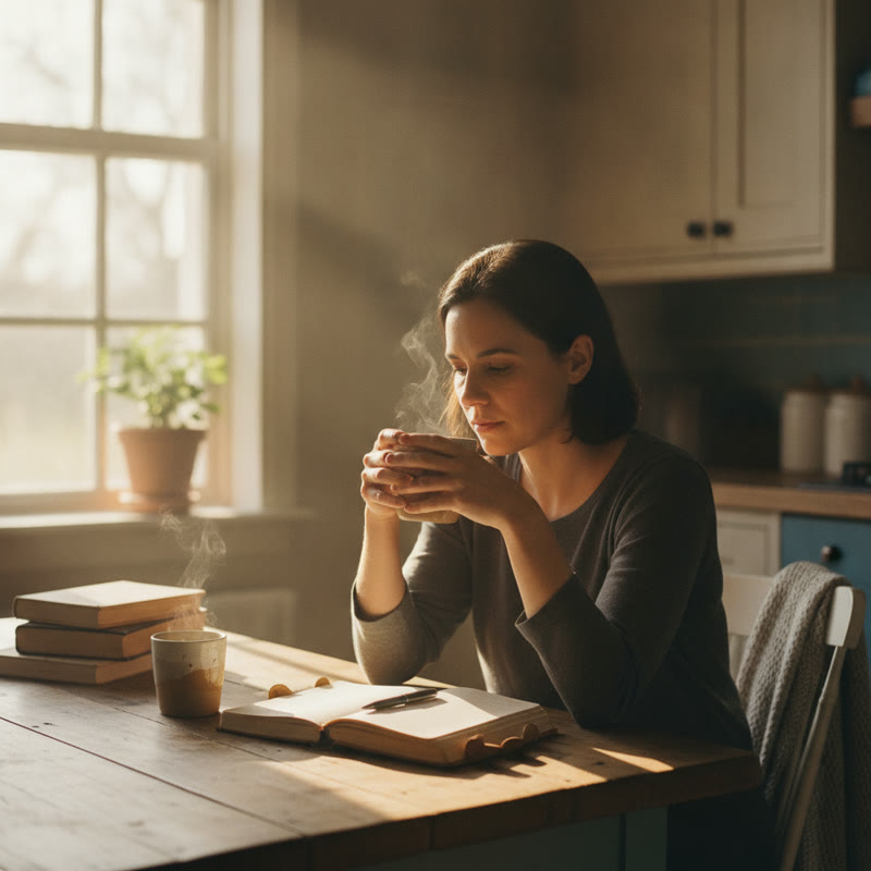 A person sitting at a kitchen table with a journal and coffee, morning light streaming through a window, looking contemplatively into the middle distance