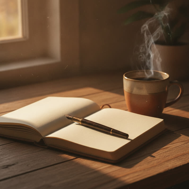 An open journal notebook on a wooden desk beside a steaming coffee cup in warm morning light