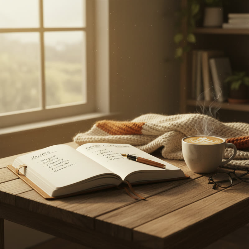 An open journal with handwritten notes about values and purpose on a morning desk