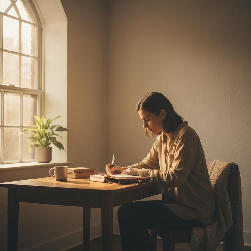 A person journaling at a desk in quiet morning light