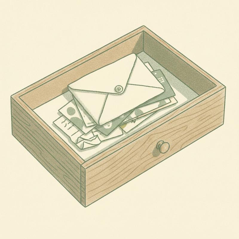 An open desk drawer holding a small stack of kept notes and cards with worn edges
