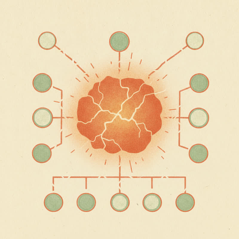 An org chart where one node is enormous, cracked and glowing hot orange, while the surrounding nodes are small and faded