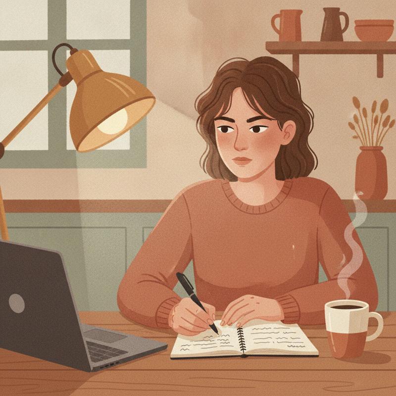 A person writing in a notebook at a kitchen table late at night beside a single lamp and a coffee mug