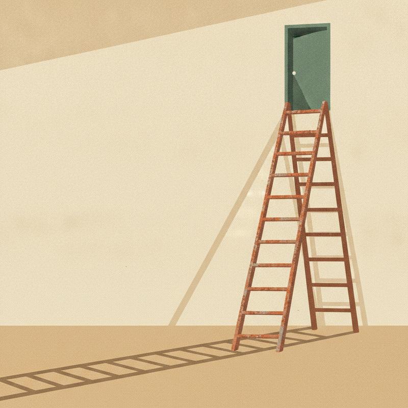 A rusted ladder standing alone in an empty corridor, leading to one closed door