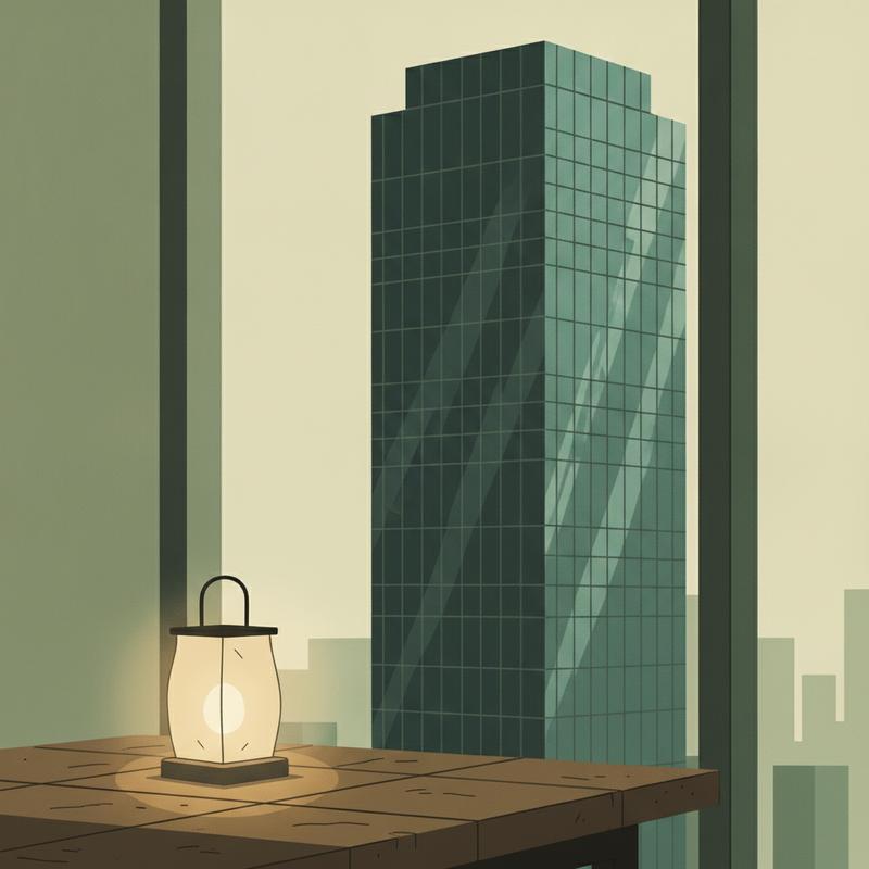 A small hand-lit lantern on a wooden desk beside a towering glass skyscraper in the distance