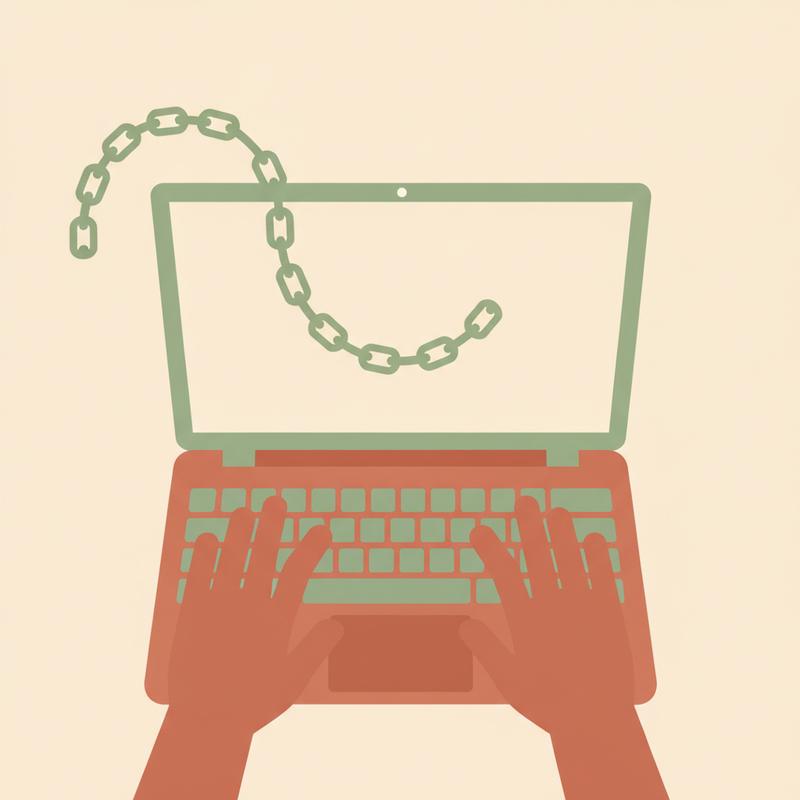 Hands typing on a laptop with a single chain looping up and out of frame