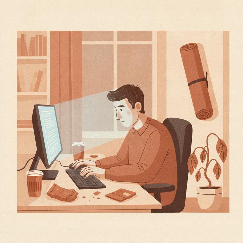 A tired engineer works alone at a desk late at night while a rolled yoga mat leans unused against the wall