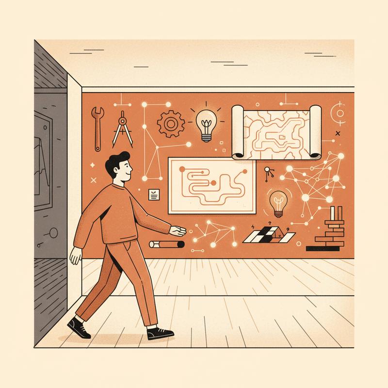 A person stepping sideways into a room full of new possibilities