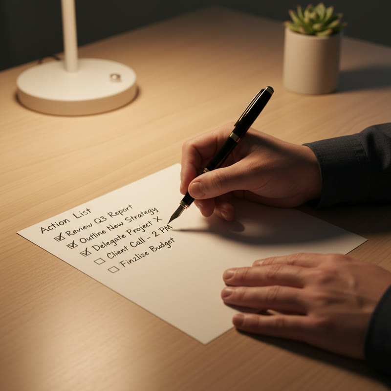 A leader at a clean desk with a simple action list, working through it with purpose