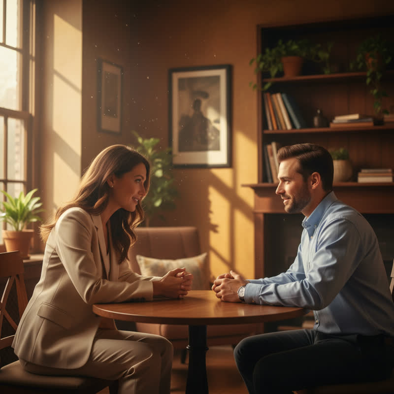 A leader sitting across from a team member at a small table, leaning forward with genuine attention in warm afternoon light