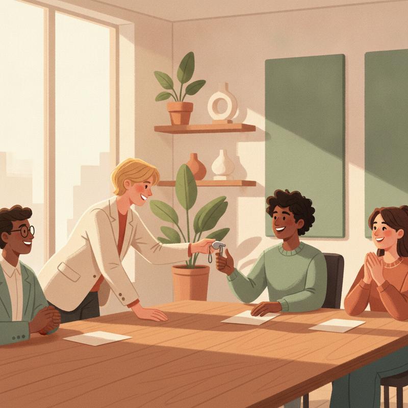 A manager hands a referee whistle to a smiling team member across a meeting table while colleagues look on