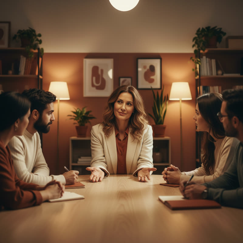 A leader at a meeting table, open and honest, team leaning forward engaged