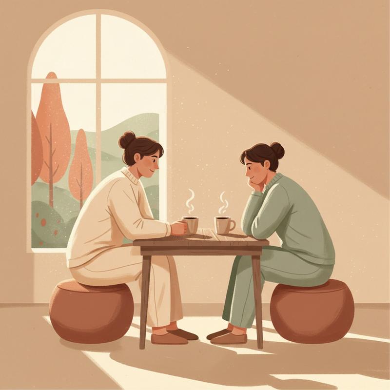 A leader sitting at a small wooden table with a team member, leaning in and listening, two coffee mugs between them