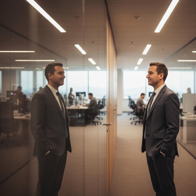 A leader facing their reflection in a glass office partition