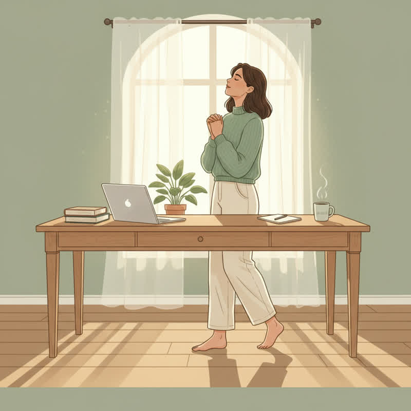 A calm leader stepping away from their desk to take a breath by a sunlit window