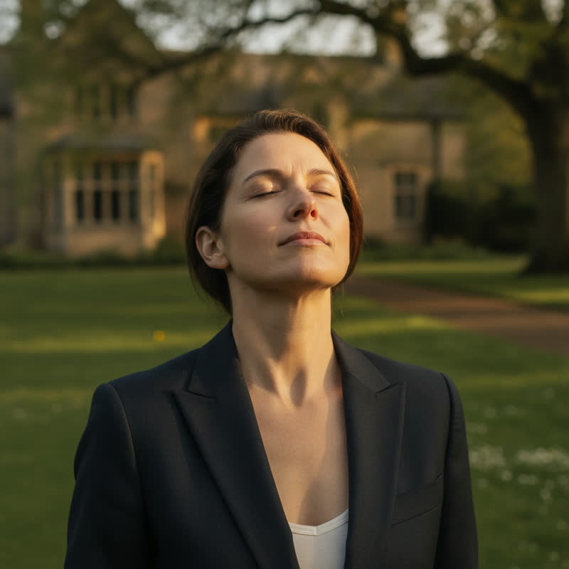 A leader stands outdoors in morning sunlight, eyes closed, taking a deep breath to reset and recalibrate