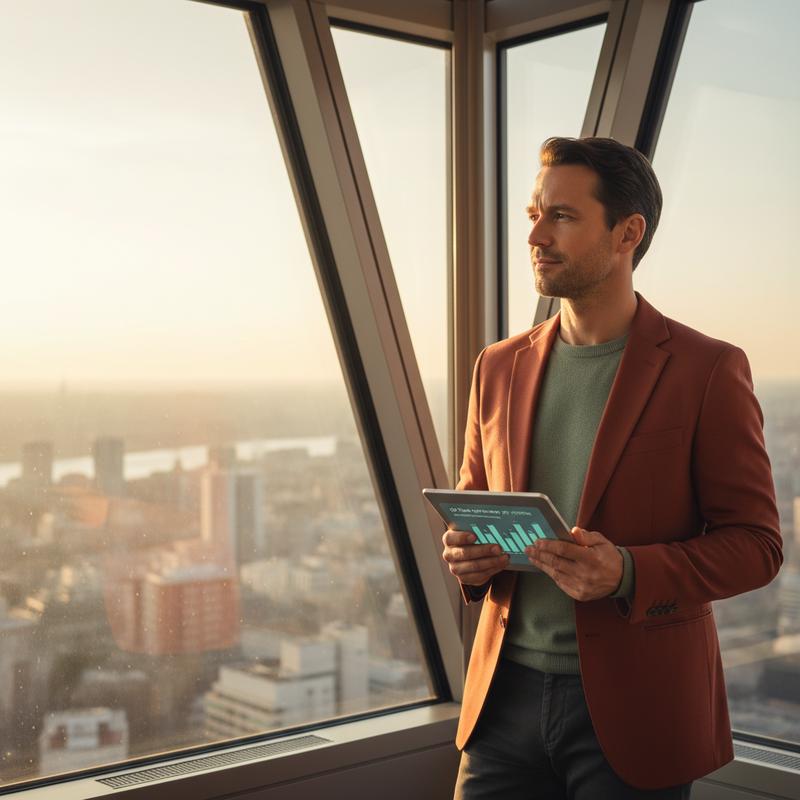 A leader standing at a window, holding a tablet showing team feedback data, reflective and thoughtful