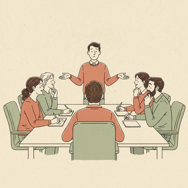 Illustration of a manager standing with open hands admitting they do not know the answer while five colleagues lean forward with interest