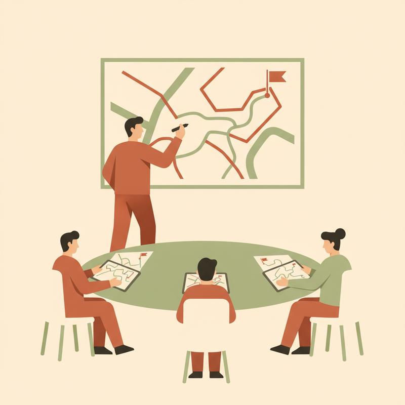 A leader sketching a destination and boundaries on a map while team members plot their own routes toward it