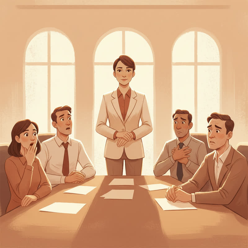 A leader standing calmly while colleagues react with surprise around them