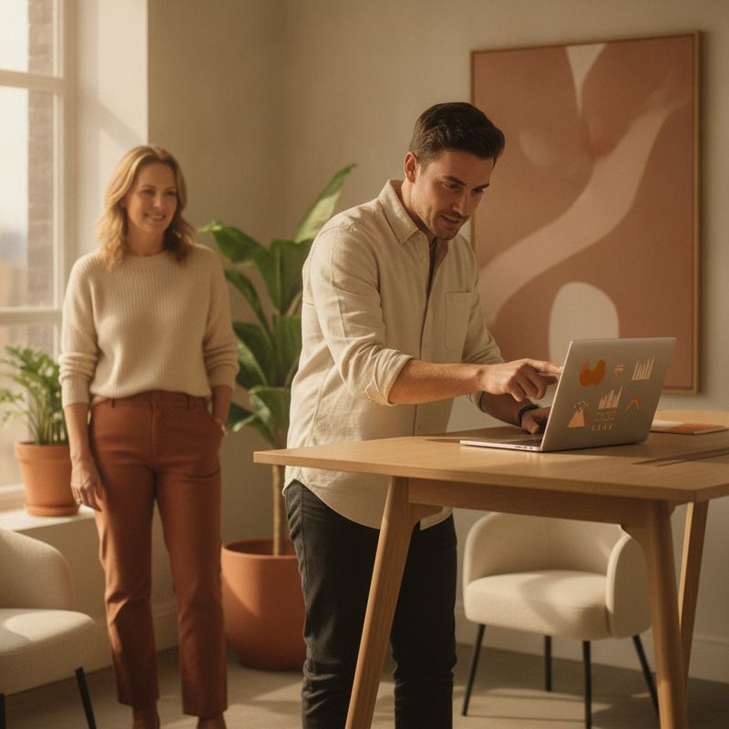 A leader standing back, watching a colleague confidently make a decision at a standing desk