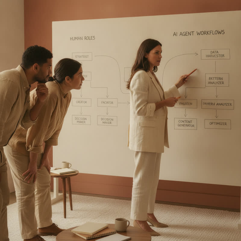 A leader at a whiteboard with a small team planning human and AI workflows side by side