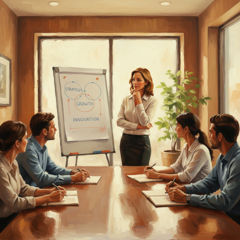 A leader pausing thoughtfully at a whiteboard while a small team listens attentively