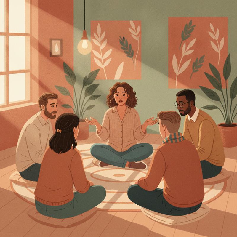 A team sitting in a circle, one person speaking openly while others lean in and listen