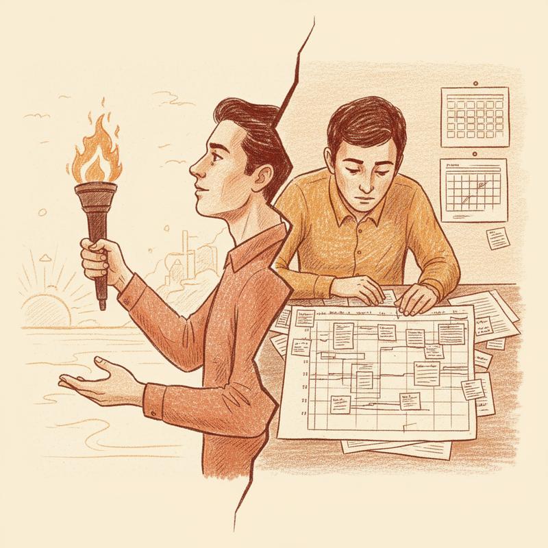 A split portrait of a software leader, half holding a torch, half hunched over a Gantt chart, with a jagged crack between the two halves