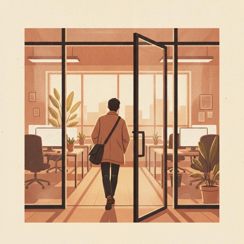 A person walking out through a glass office door into golden late afternoon light