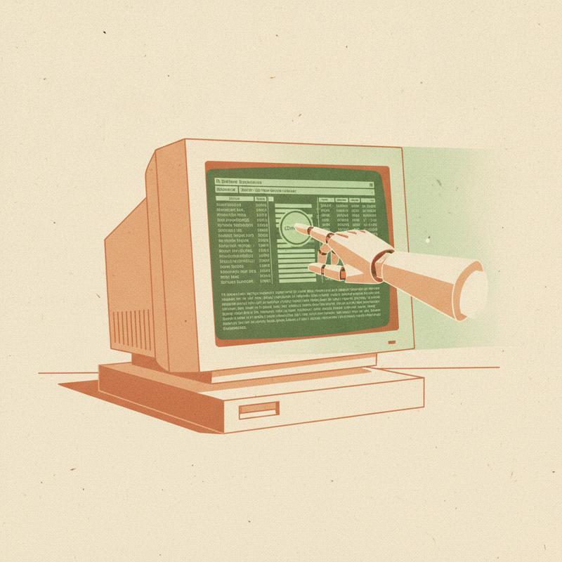 A 1990s beige desktop computer running a green-screen business application, with a glowing robotic hand reaching out of the screen to click a button