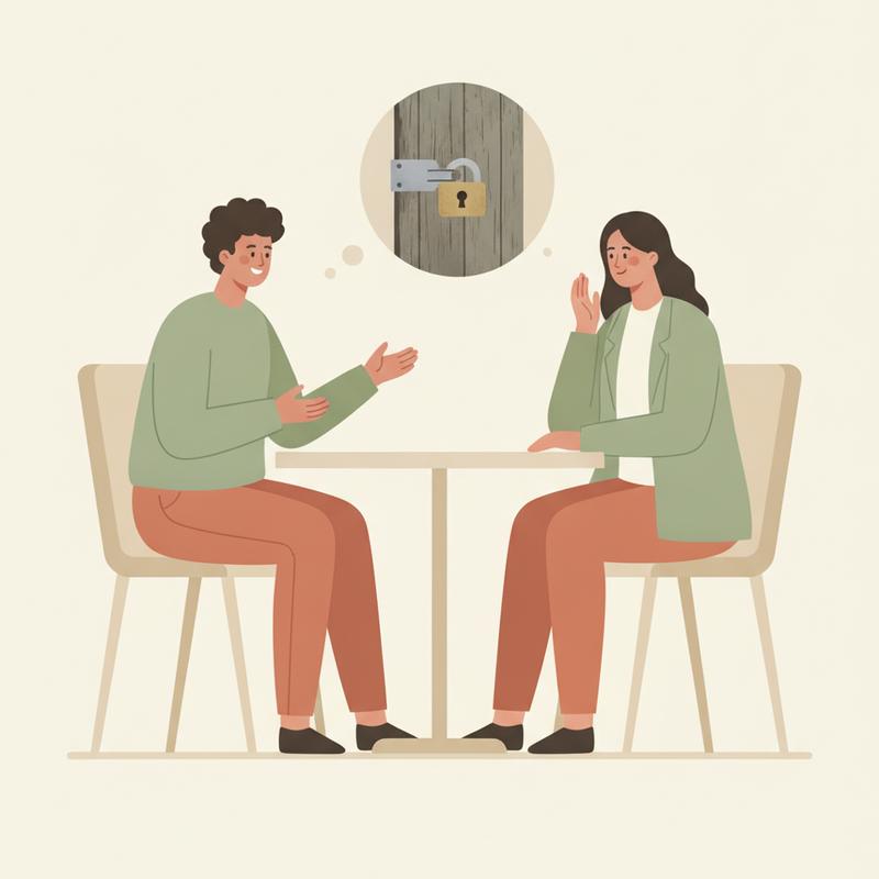A manager smiling and nodding at a talking colleague, while a thought bubble shows a padlocked wooden door