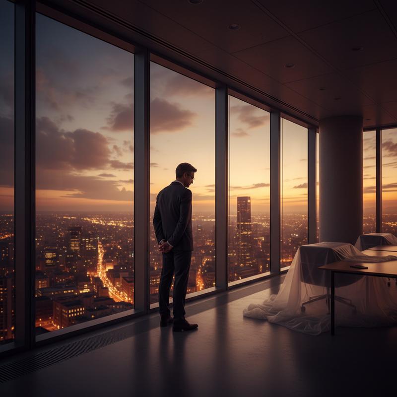 A lone executive gazes across a city at dusk
