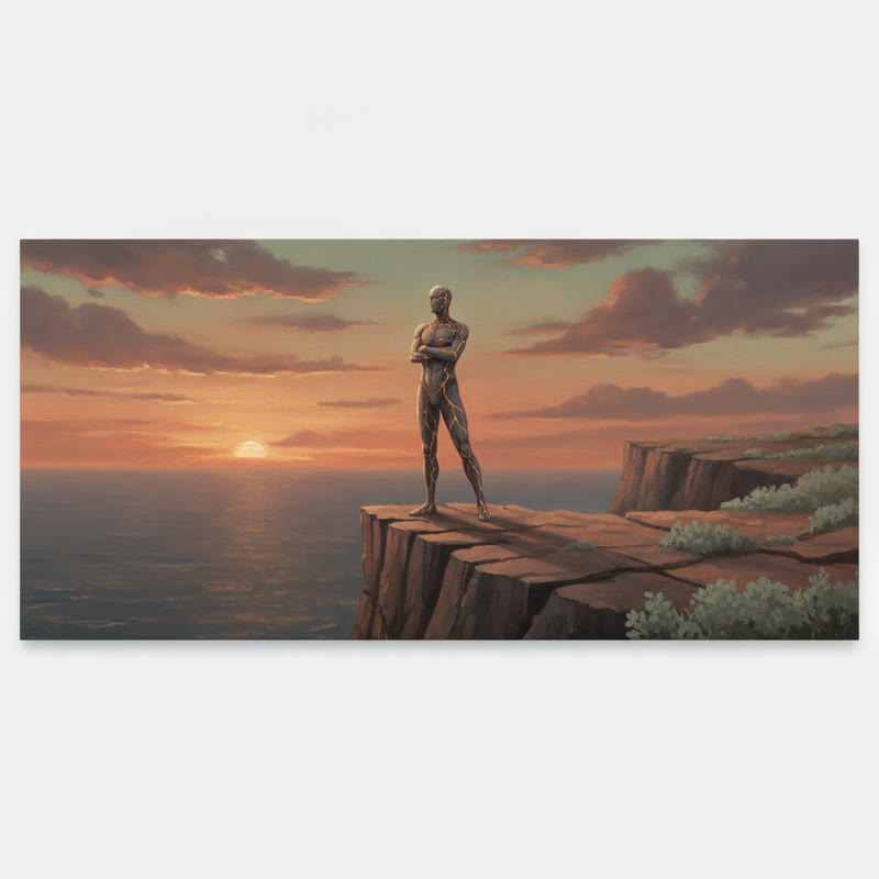 A figure standing strong at the edge of a cliff at dusk