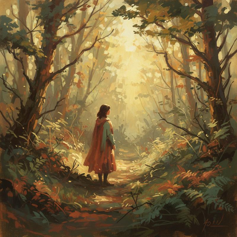 A lone figure standing at the start of an overgrown forest path, warm golden light filtering through the trees