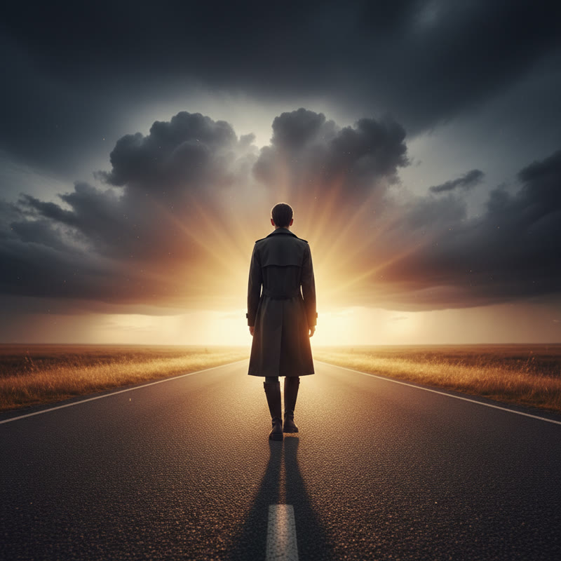 A lone figure walking confidently toward golden light at dawn, storm clouds behind them