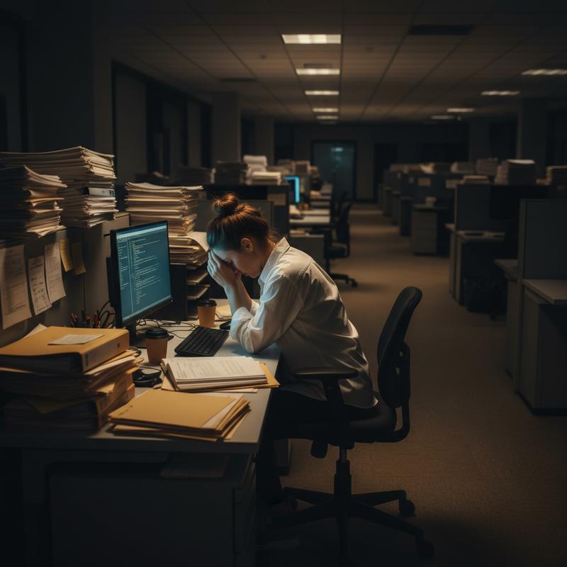 A professional working alone late at night, head down over stacks of documents in an empty office