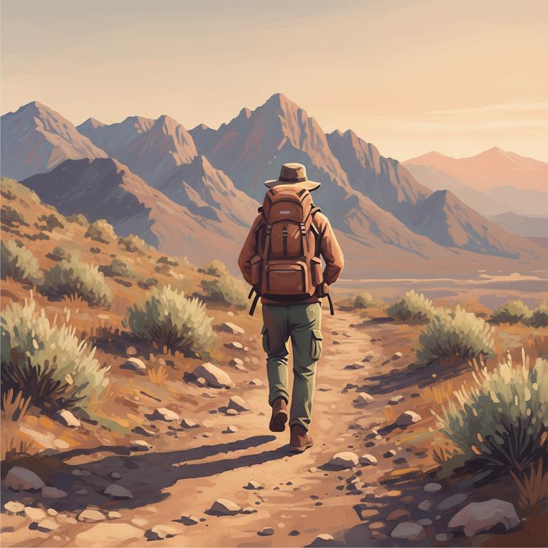 A lone person walking up a steep dirt path with a heavy pack at dusk