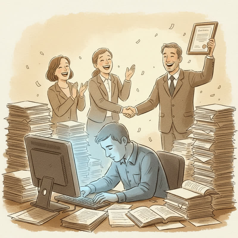 A worker buried at his desk while colleagues are recognized in the background