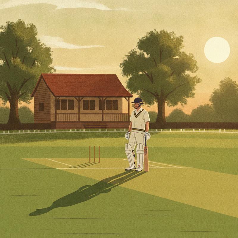 A cricket batter in white kit stands patiently at the crease at golden hour, a long shadow stretching across the pitch