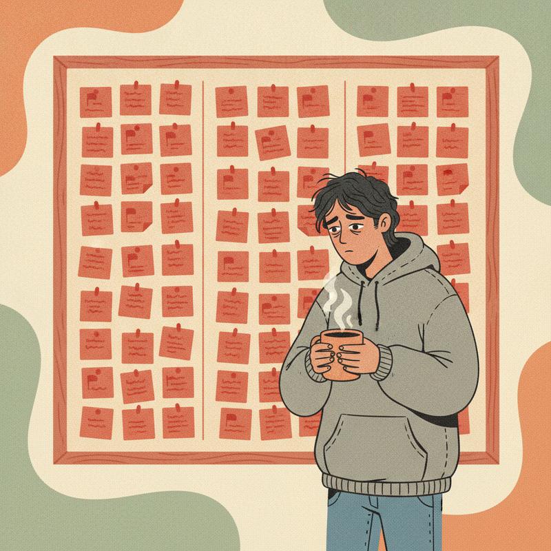 A tired engineer holding a coffee mug stands in front of a board covered in red sticky notes, every one flagged urgent