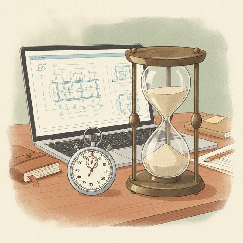 A small stopwatch and a large hourglass sit side by side on a desk in front of a laptop showing architecture diagrams