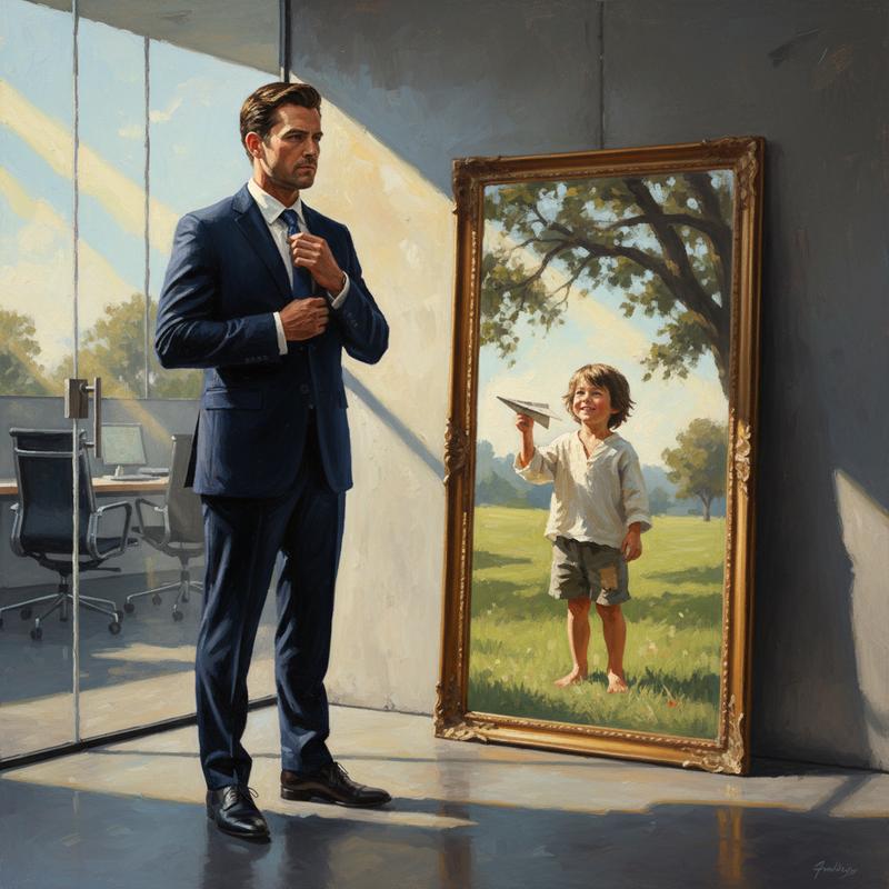 A man in a business suit looking into a mirror that reflects a barefoot child holding a paper airplane