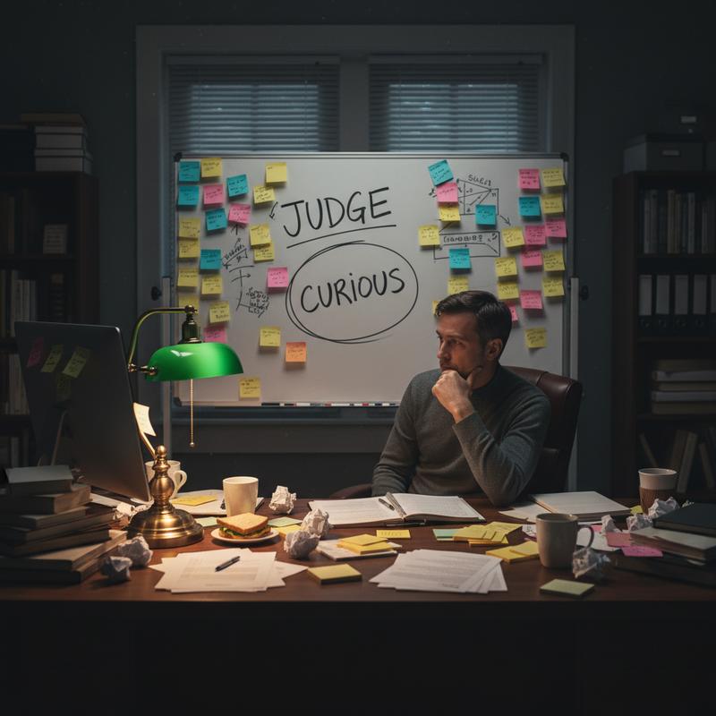 Man at desk staring at whiteboard with JUDGE and CURIOUS, CURIOUS circled