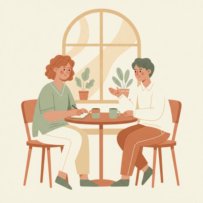 A manager and an engineer in a quiet one to one conversation across a small table, the manager listening and taking a note, warm editorial illustration
