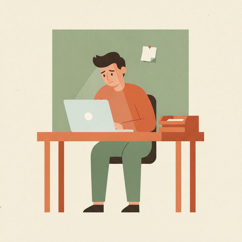 Illustration of a tired manager alone at a desk late at night with an empty inbox tray