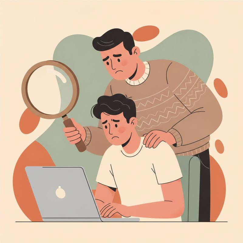 A manager leaning over a software engineer's shoulder, holding a magnifying glass over the laptop while the engineer looks tense